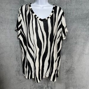 Rachel Zoe Women’s Linen Zebra Stripe Short Sleeve Top Black/White 1X